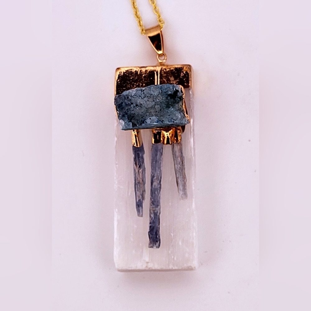 Natural Kyanite, Selenite & Blue Geode Crystal Gold Necklace Nksbgcgn